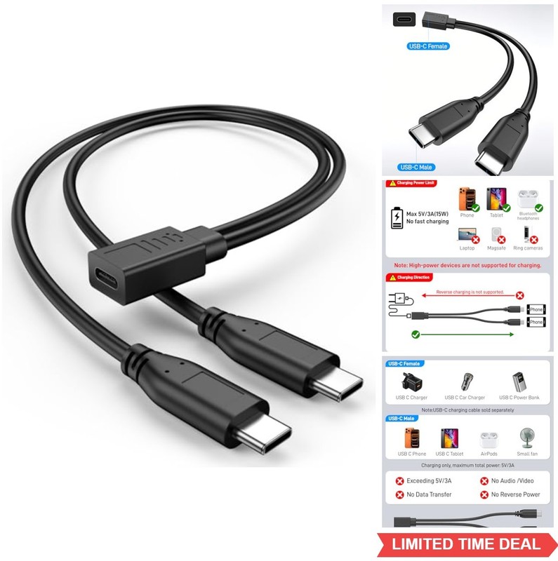 USB C Splitter 1 in 2 Out Type C Female to Dual Male Charging Cable 3A 15W Black