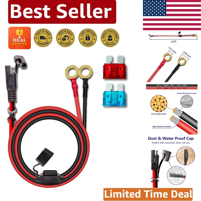 16AWG 2FT SAE to O-Ring Terminal Cable with Fuses - Durable & Waterproof