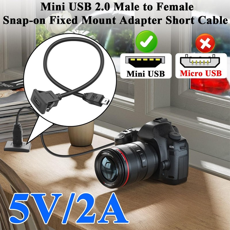 Mini USB Square Snap Mount Connector Short Cable Male To Female 30cm/11.8in gallery