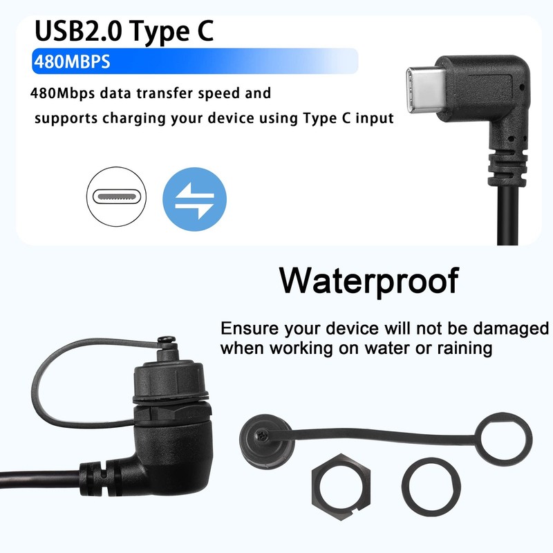 90 Degree Angle USB C Flush Panel Mount Cable 2.0 Female Male Waterproof 30cm gallery
