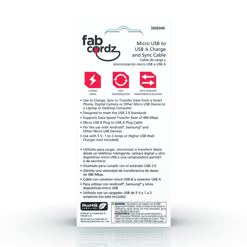 Fabcordz Micro to USB Charge and Sync Cable 10 ft. Black gallery
