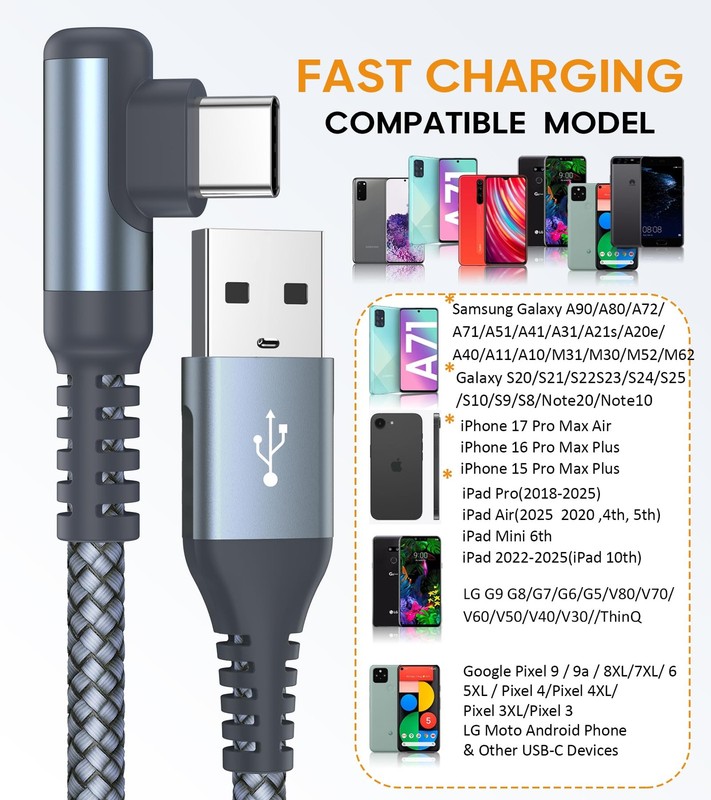 2 Pack Right Angle USB Type C Fast Charging Cable 6.6ft Braided Cord Grey gallery