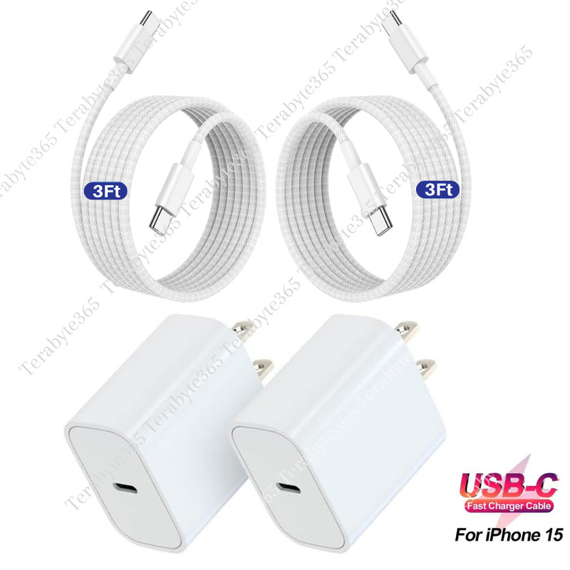 2PACK Braided USB C To USB C Cable PD Fast Charger Adapter For iPhone 15 Pro Max