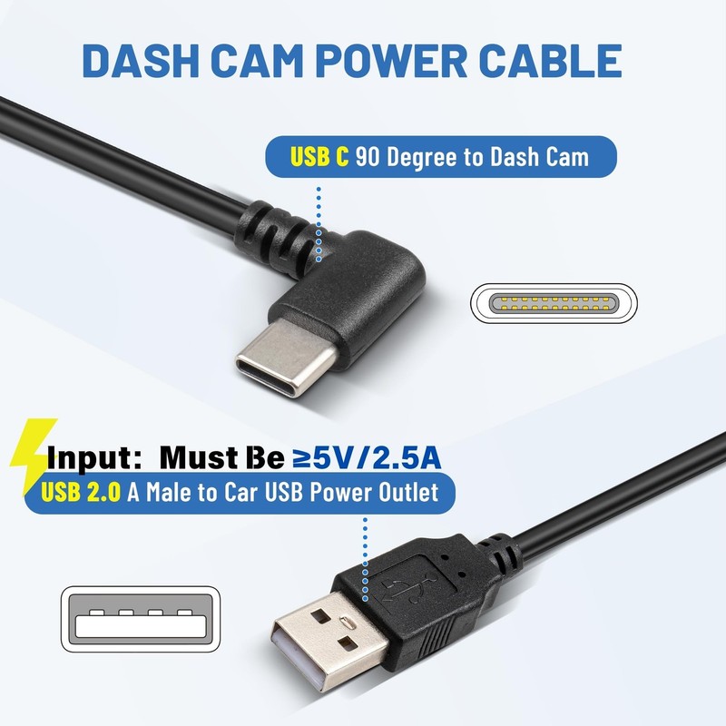 USB Dash Cam Power Cord (13FT/4M), 90 Degree USB-A 2.0 to -Cable REQUIRES 2.5... gallery