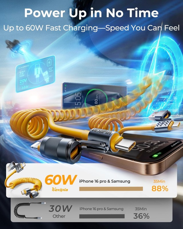 4-in-1 Coiled USB C Cable Light-ning Cable for Car [60W Fast Charging&Data Tr... gallery