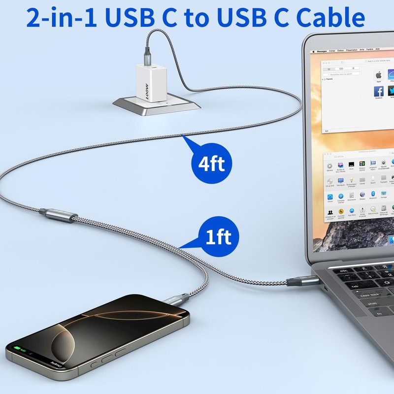 100W 2-in-1 USB-Cable 4FT,USB to USB Cable,USB 2.0 Braided Fast Charging for ... gallery