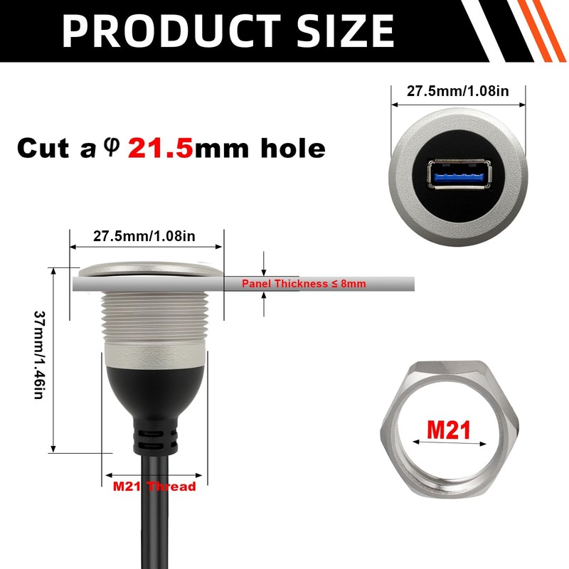USB3.0 Threaded Fixed Mount Cable Al Shell USB A Male to Female Embedded Moun... gallery