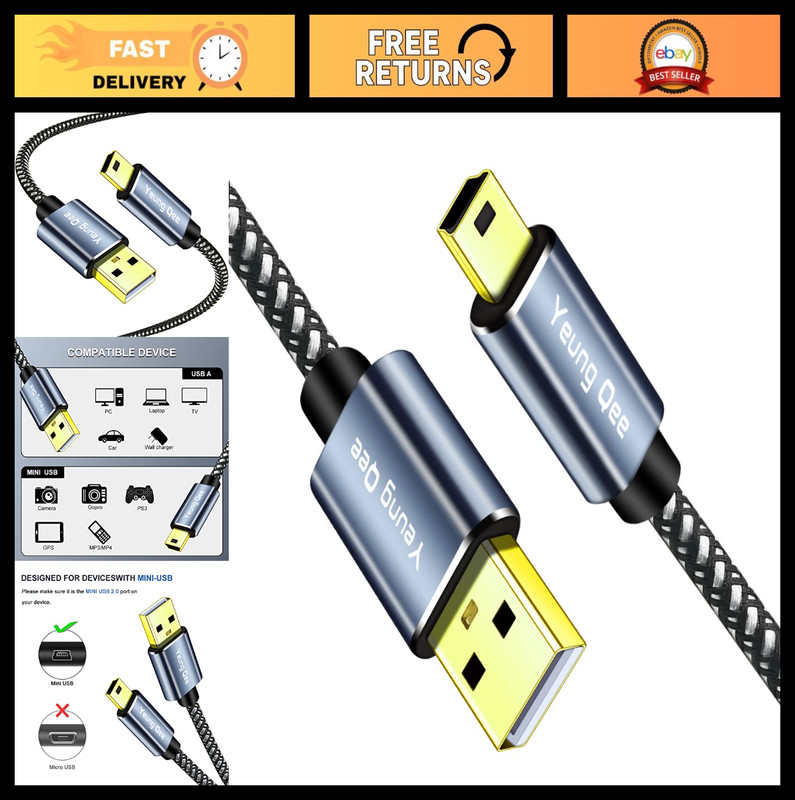 30ft Braided Mini USB 2.0 Cable – Type A to Mini B Charging Cord for PS3, MP3/4,