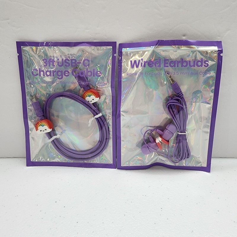 Purple Wired Earbuds 3.5 Aux Cable/ 3ft USB-C Charge Cable Rainbow Charms New