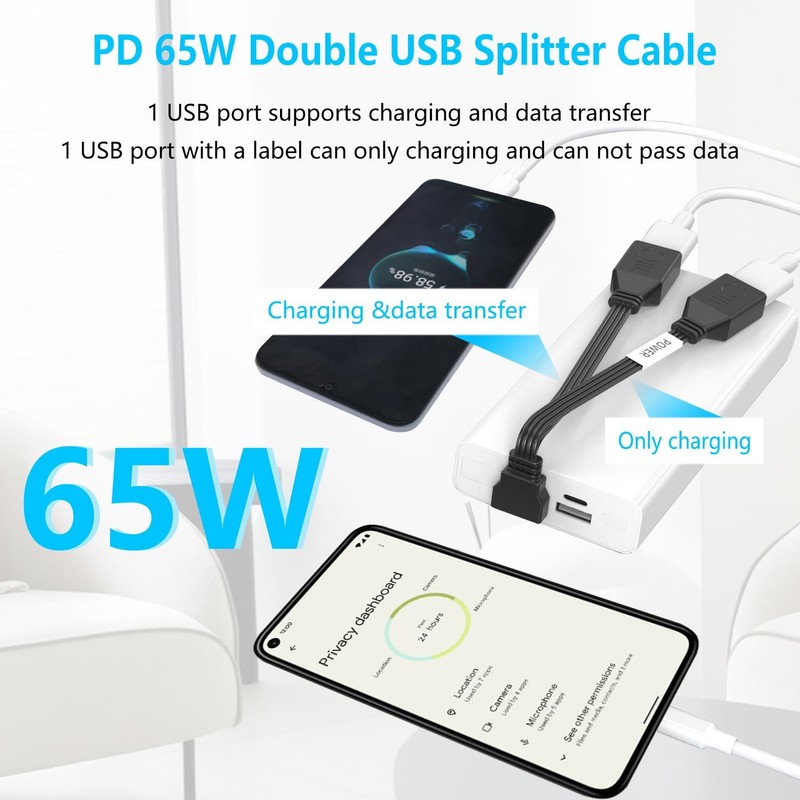 Short 90 Degree PD 65W USB 2.0 Fast Charge Cord Flat USB 2.0 to 2 Female Cabl... gallery