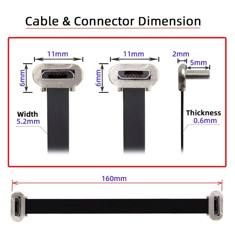 90 Degree Micro USB2.0 Male to Male 5Pin Ultra Slim Flat Charging Cable 16cm gallery