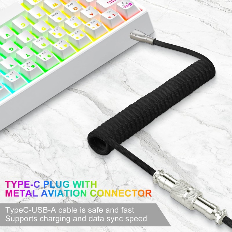 USB C Coiled Keyboard Cable For Gaming Braided Aviator Connector Black 6FT gallery