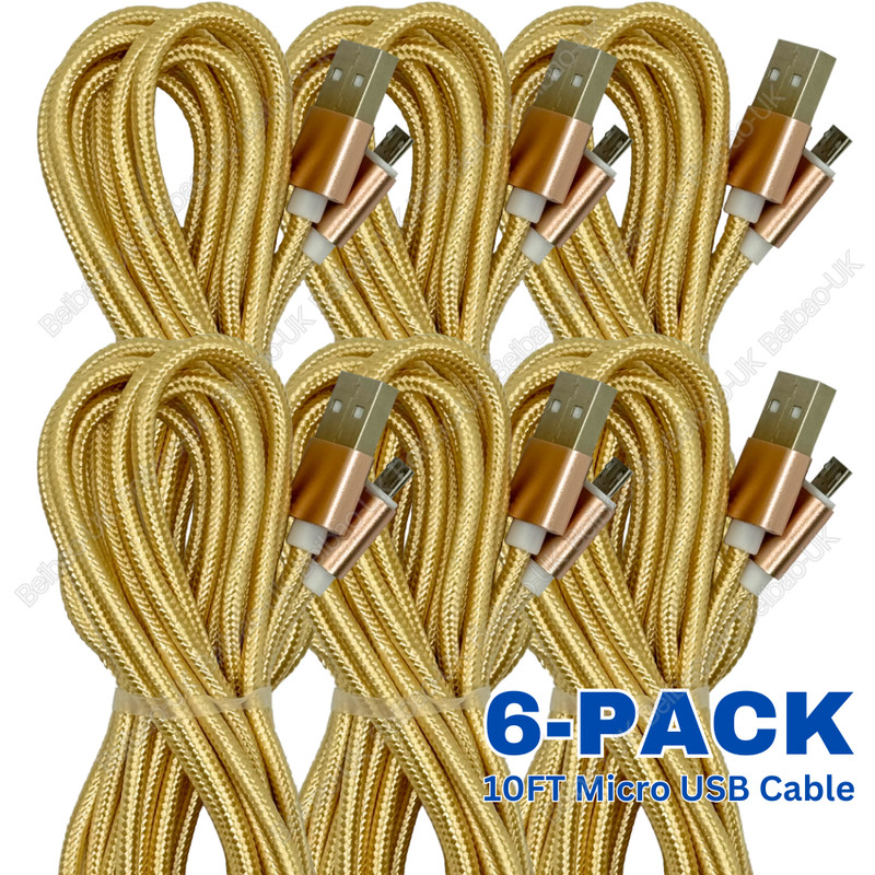 3/6Pack Heavy Duty Charging Micro USB Cable 10FT For Android Samsung Charger Lot
