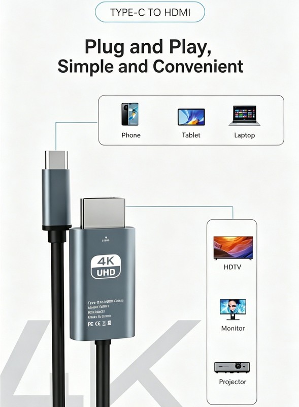 For iPhone 17 16 15 Pro Max Android 4K Phone to HDMI TV Type-C Mirroring Cable gallery