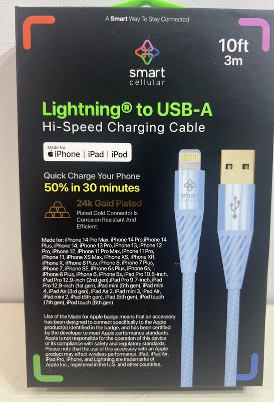 Smart Cellular 10ft Braided Cable High-Speed to USB-A iPhone/iPad/iPod BLUE gallery
