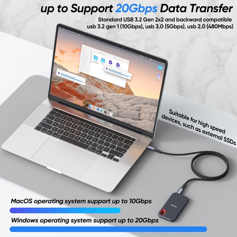 USB C Monitor Cable 3 Ft 4K@60Hz Display 3.2 Gen 2x2 20Gbps 100W Charging gallery