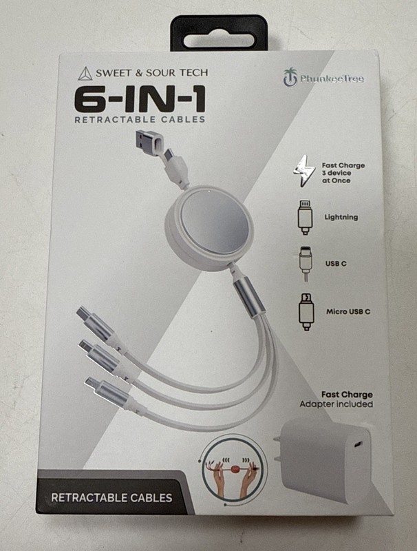 NEW WHITE 6-In-1 Retractable Cable SWEET SOUR TECH W/ FAST CHARGE ADAPTER
