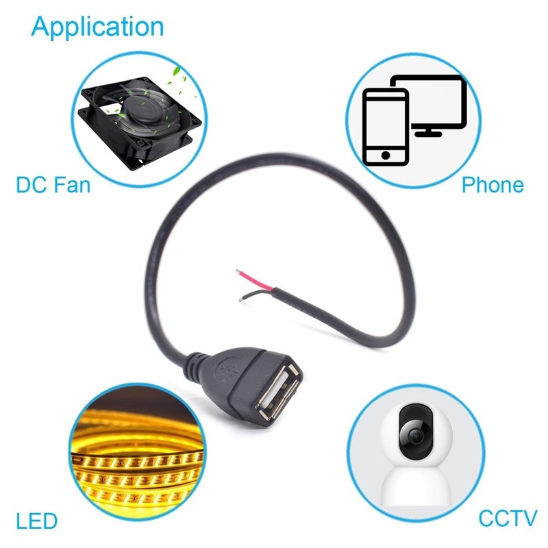 2PCS USB Female 2 Wire Pigtail 1FT 20AWG 5V 5A Bare Wire DIY Power Cable New USA gallery