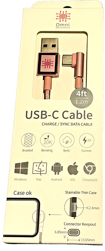 2 Pack Rose USB A to C 4ft braided charge and sync cable. 90 degrees