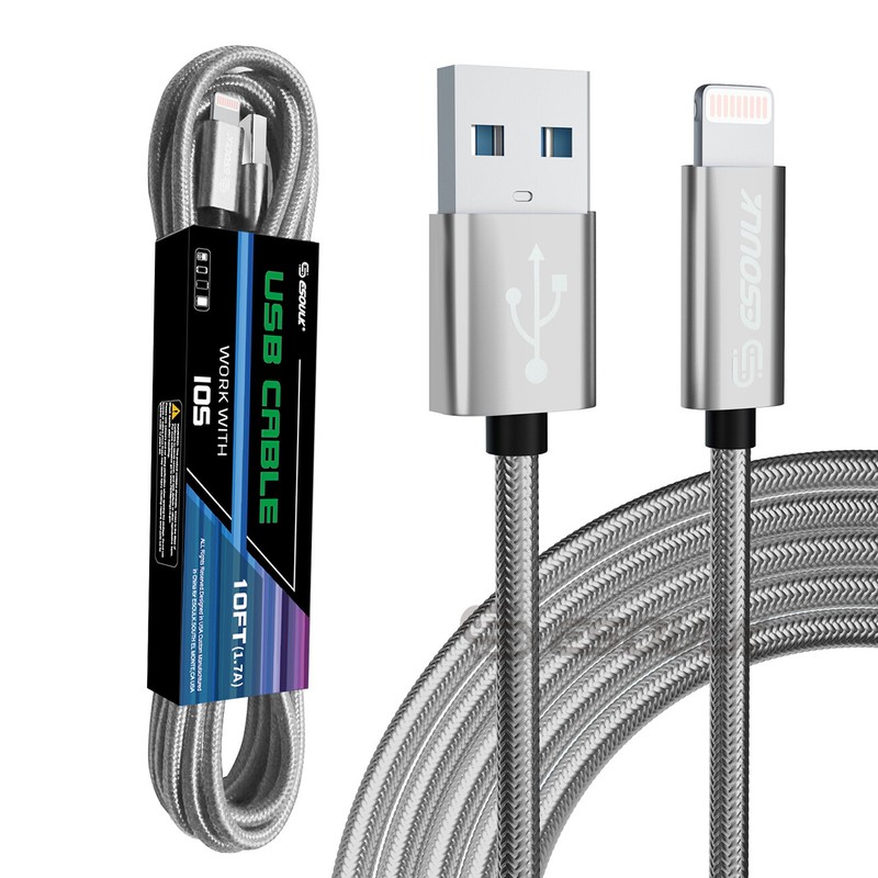 Esoulk 1.7A 10FT USB Cable For 8 PIN In Silver Model # DC-EC45L-IP-10FTSL