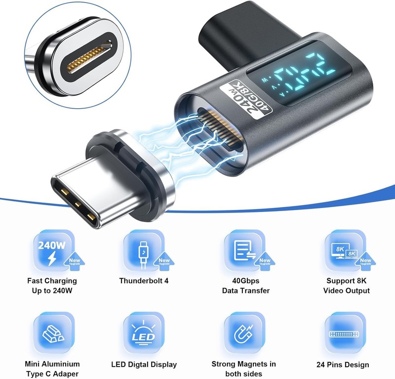 Digital Display USB C Magnetic Adapter 2 Pack Right Angle 240W Power Meter gallery