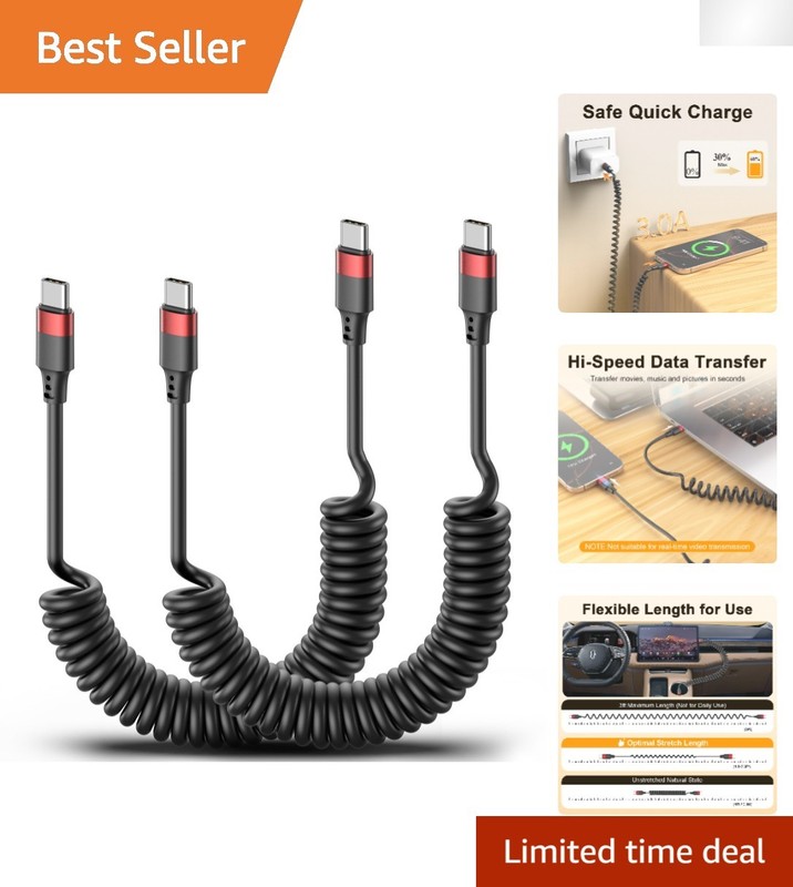USB C Coiled Cable 2-Pack – Retractable Fast Charge 3A for Smartphones & Car