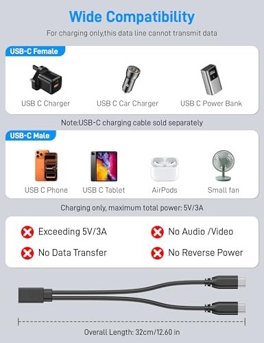 USB C Splitter 1 in 2 Out Type C Female to Dual Male Charging Cable 3A 15W Black gallery
