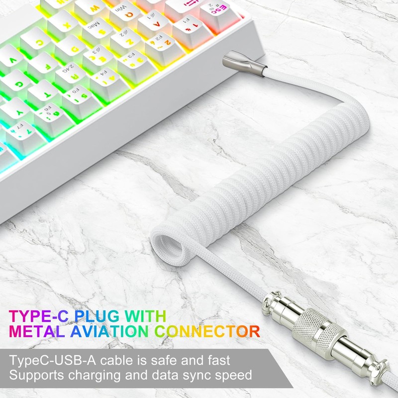 White USB Type C Keyboard Coiled Cable 6FT Braided Detachable Metal Aviator gallery