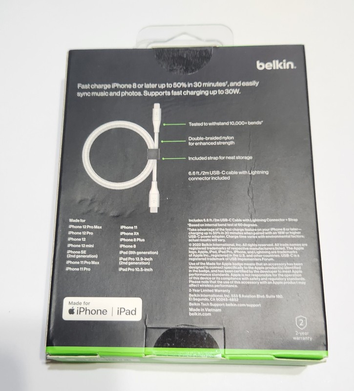 NEW White Belkin Boost Charge Braided USB-C to Lightng Cable 6.6ft/2M - CAA004 gallery