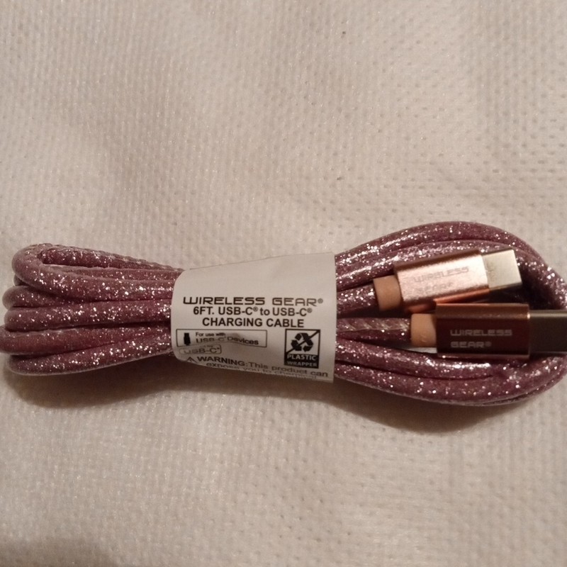 NEW Wireless Gear 6Ft. Fabric Micro USB-C to USB-C Pink Glitter Cable