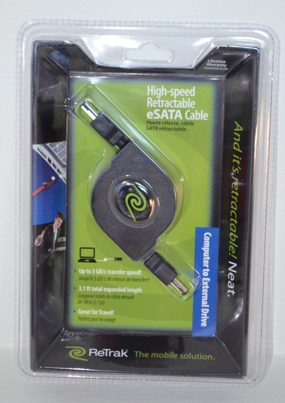 New ReTrak Retractable eSATA Cable for external hard drives 3.1ft extended lengt