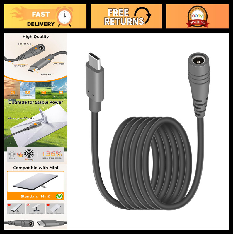 100W USB C to Mini DC 5.5mm Power Cable 3M, Type C Male to 5521 Female, 20V/5A