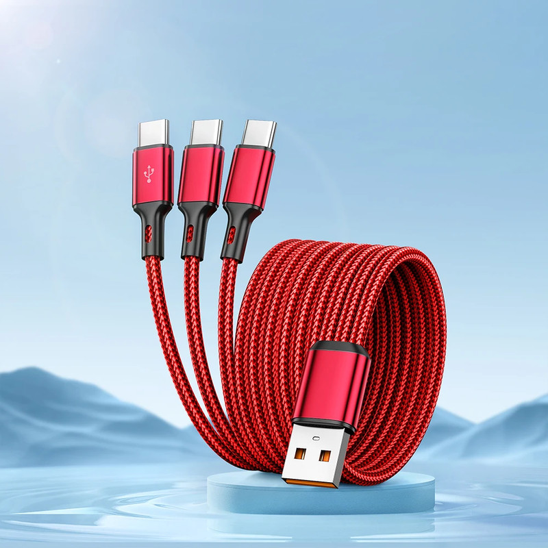 3 in 1 Usb-Type C 100W Fast Charging USB A-3Type-C Data Cable for Samsung S24 Xi