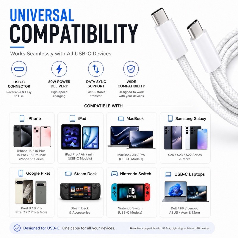 1-Pack USB-C to USB-C Cable 60W Fast Charging Braided Nylon 1M/3.3FT gallery