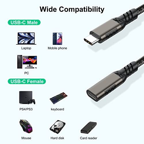 USB C Extension Cable 6.6ft USB C to USB C Male to Female Type C Extender Cord