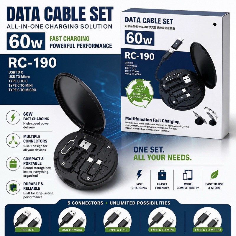 60W Data Cable Set RC-190 – All-in-One Fast Charging & Multi-Connector Kit