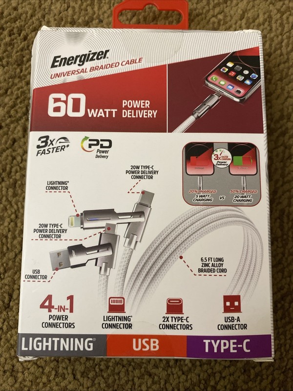 Energizer Universal 6ft Braided Cable 4-in-1 Power Connector 60 Watt PD FreeShip gallery