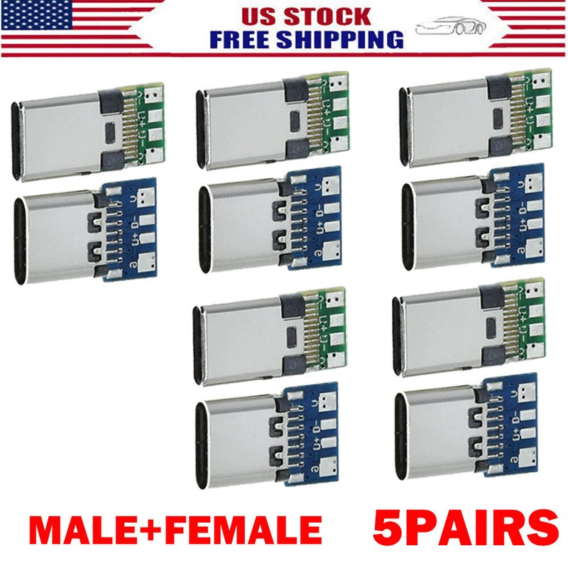 5Pair USB 3.1 Type C Male+Female DIY Solder Plug PCB Connector Socket Repair USA