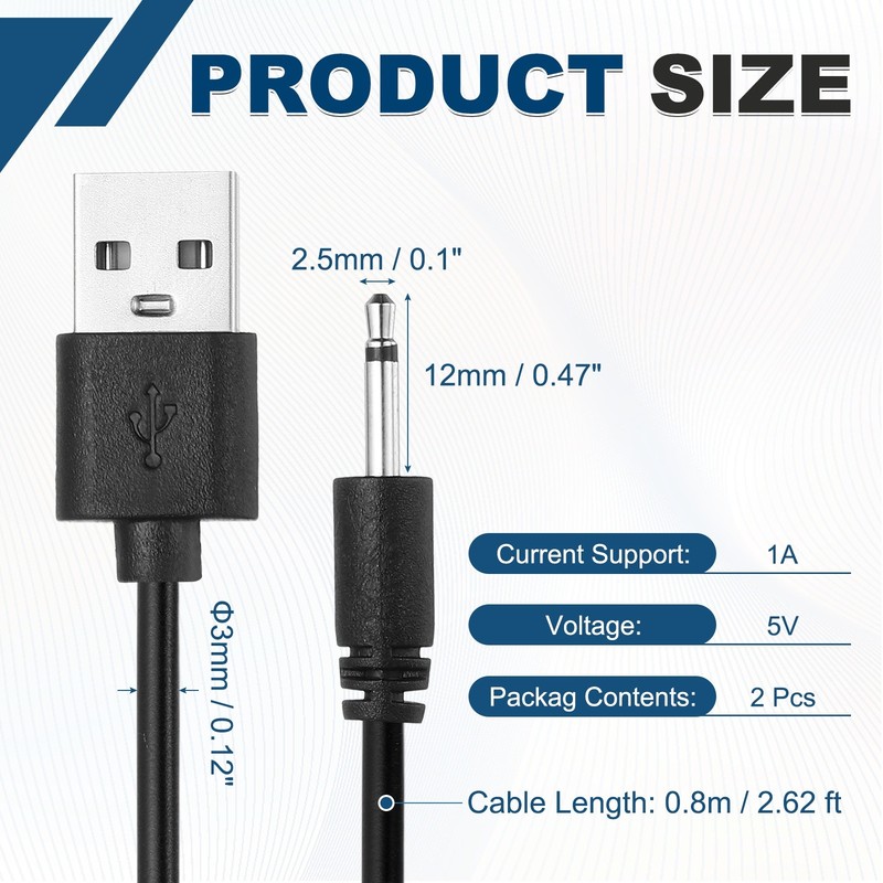 2Pcs 2.6FT DC Charging Cable, USB to DC Power Cable 2.5mm l 12mm, Black gallery