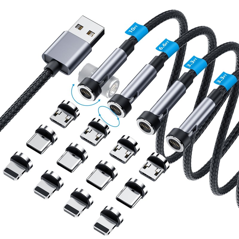 540° Rotation Magnetic Charging Cable, 3 in 1 Phone 10 feet, Black