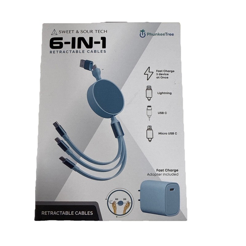 NEW Phunkee Tree 6-In-1 Retractable Cable SWEET SOUR TECH W/ FAST CHARGE ADAPTER