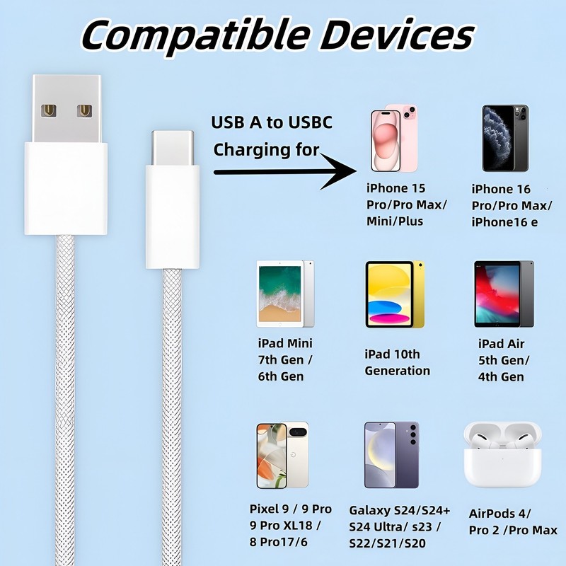 USB A to USB C Quick Charging Cable Cord Nylon Data Sync Charger 3.28FT 480Mbps gallery