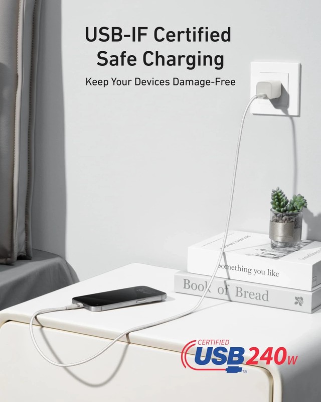 Anker A82E2 USB-C to USB-C Cable Shell White (6ft, 240W, Upcycled-Braided) gallery