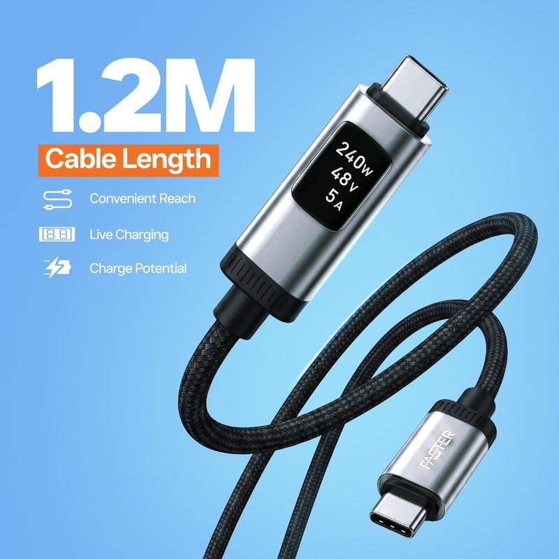 FASTER D8 240W USB-C to USB-C Cable 1.2m, 3.9 ft, OLED Display, 480 Mbps gallery