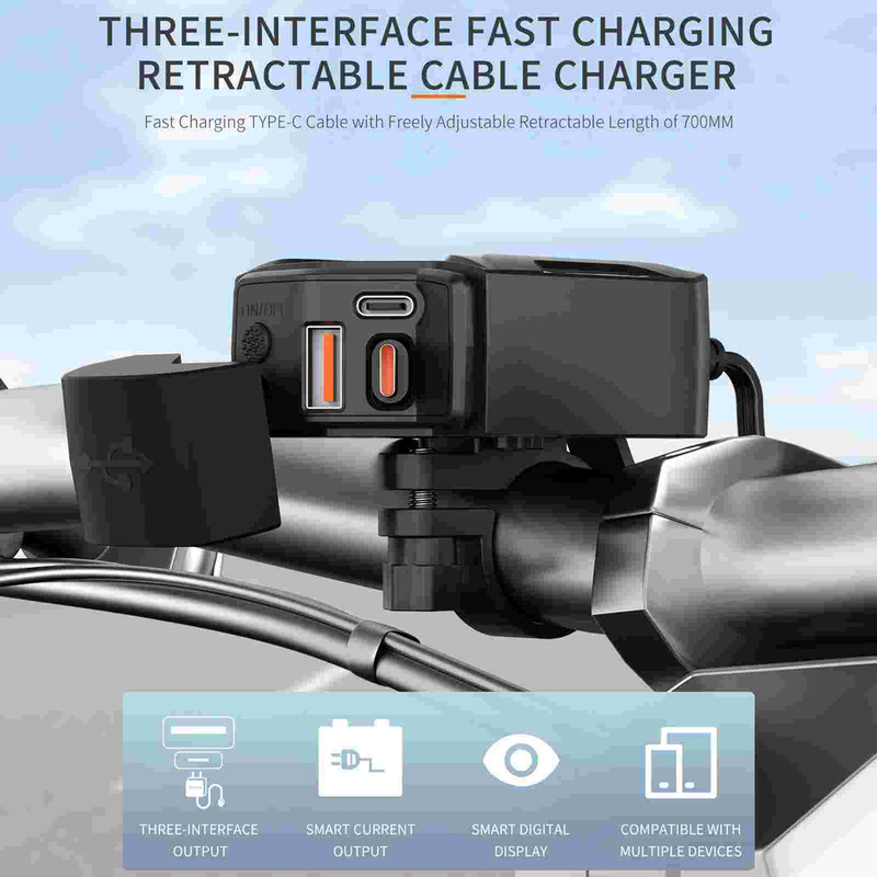 USB Motorcycle Charging Unit with Retractable Cable and LED Voltage Monitor gallery