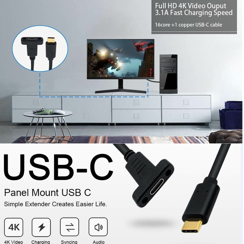 USB 3.1 Type C Male to Female Panel Mount Screw Hole Data Sync Extension Cable gallery