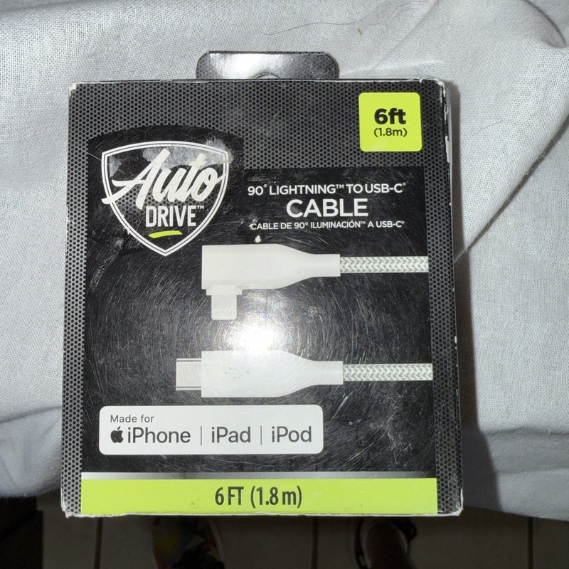 Auto Drive 6ft Charging Cable Silver 90 Degree 8 pin connector to USB-C Braided