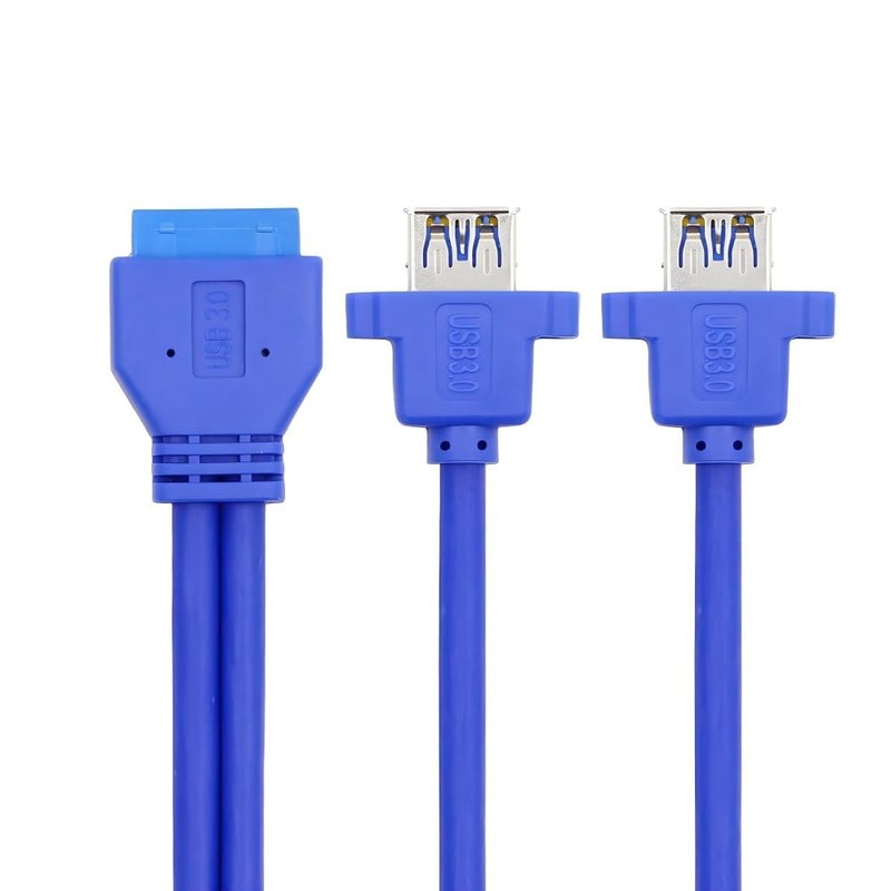 Blue Dual Port USB 3.0 Female TypeA To Motherboard 20Pin 19Pin Header 50cm