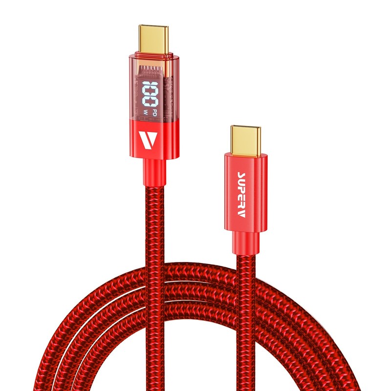 6.6ft/200cm Type C Cable with LED Display 5A PD 100W Fast Charging Red