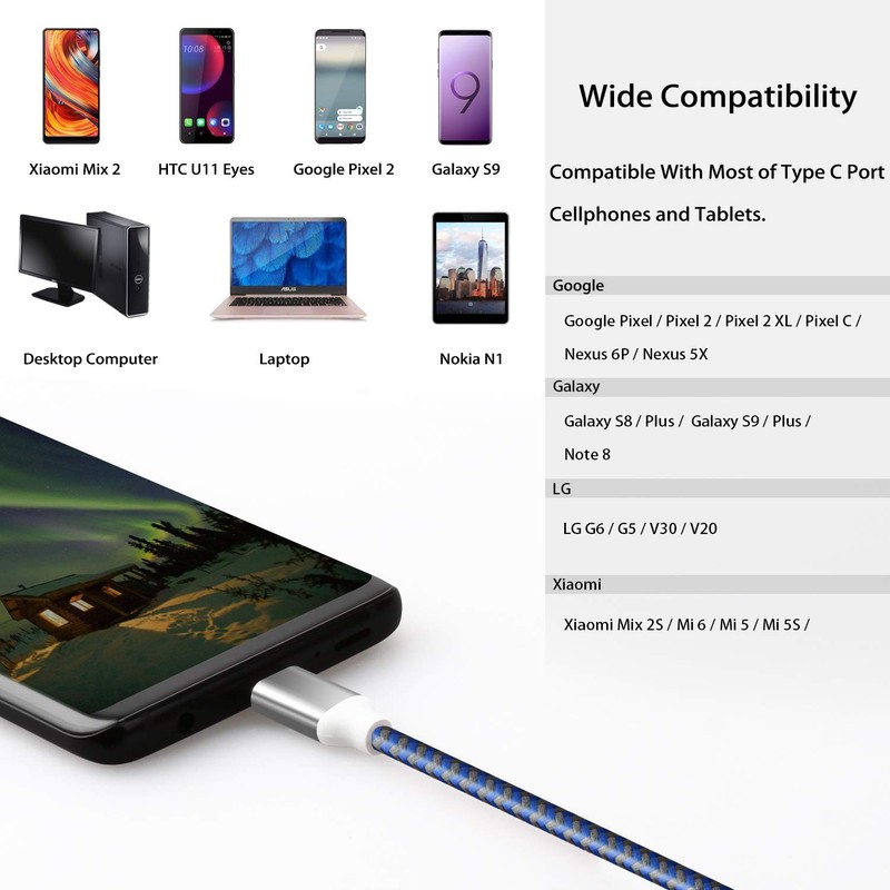 3 Pack 10ft Long USB C to A Cables 3A Fast Charging Cord Blue Purple Pink gallery